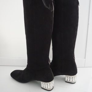 Miu Miu Black Suede Crystal Heel Knee Hight Designer Boots